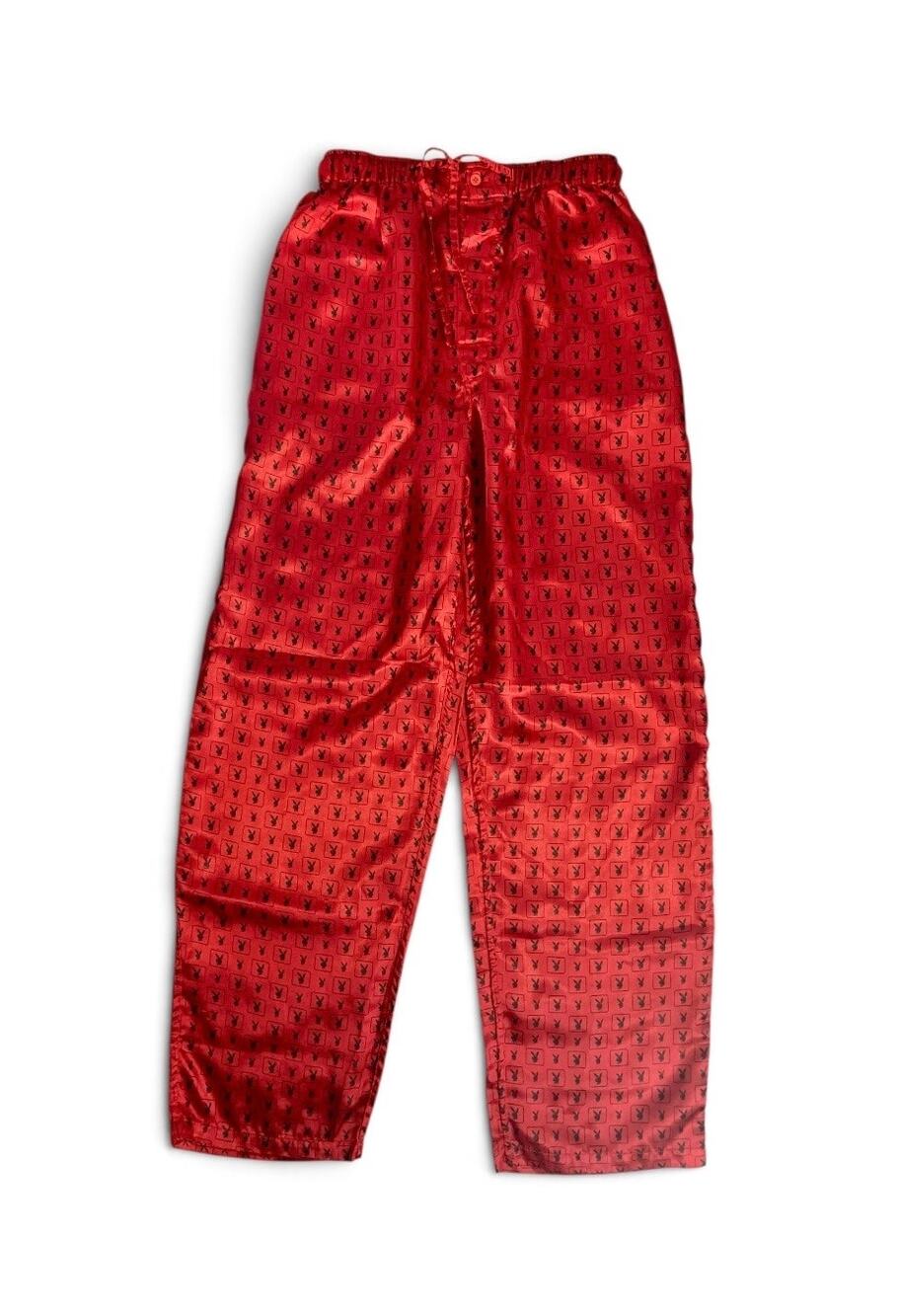 Vintage Playboy All-Over Print Bunny Logo Red Satin Lounge Pants - Size Small